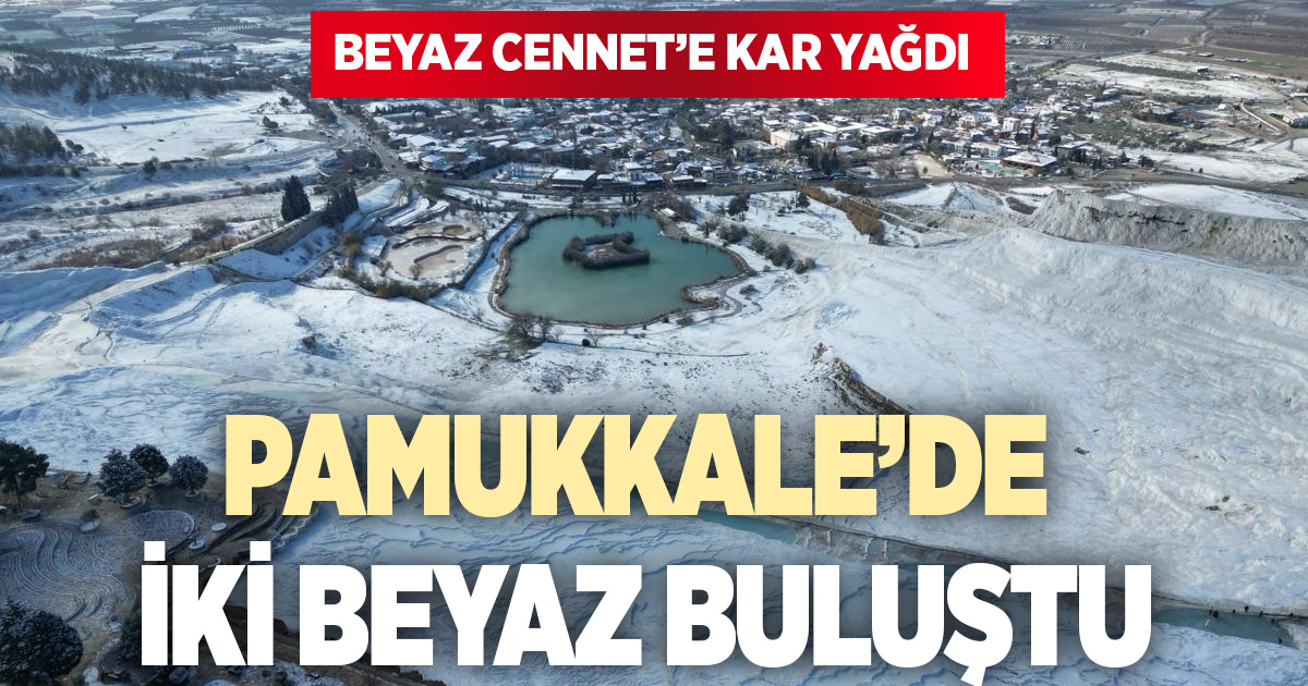 Pamukkale'de kar yağışıyla yeni yılın ilk gününde iki beyaz bir araya geldi