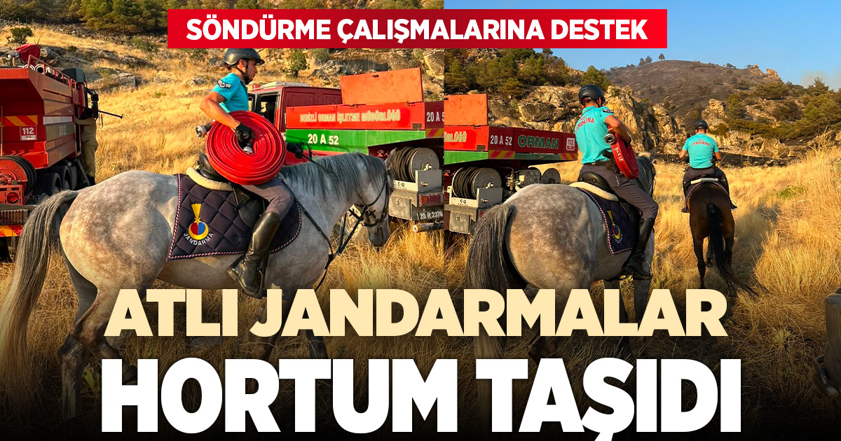 Atlı jandarmalar yangın bölgesine hortum taşıdı